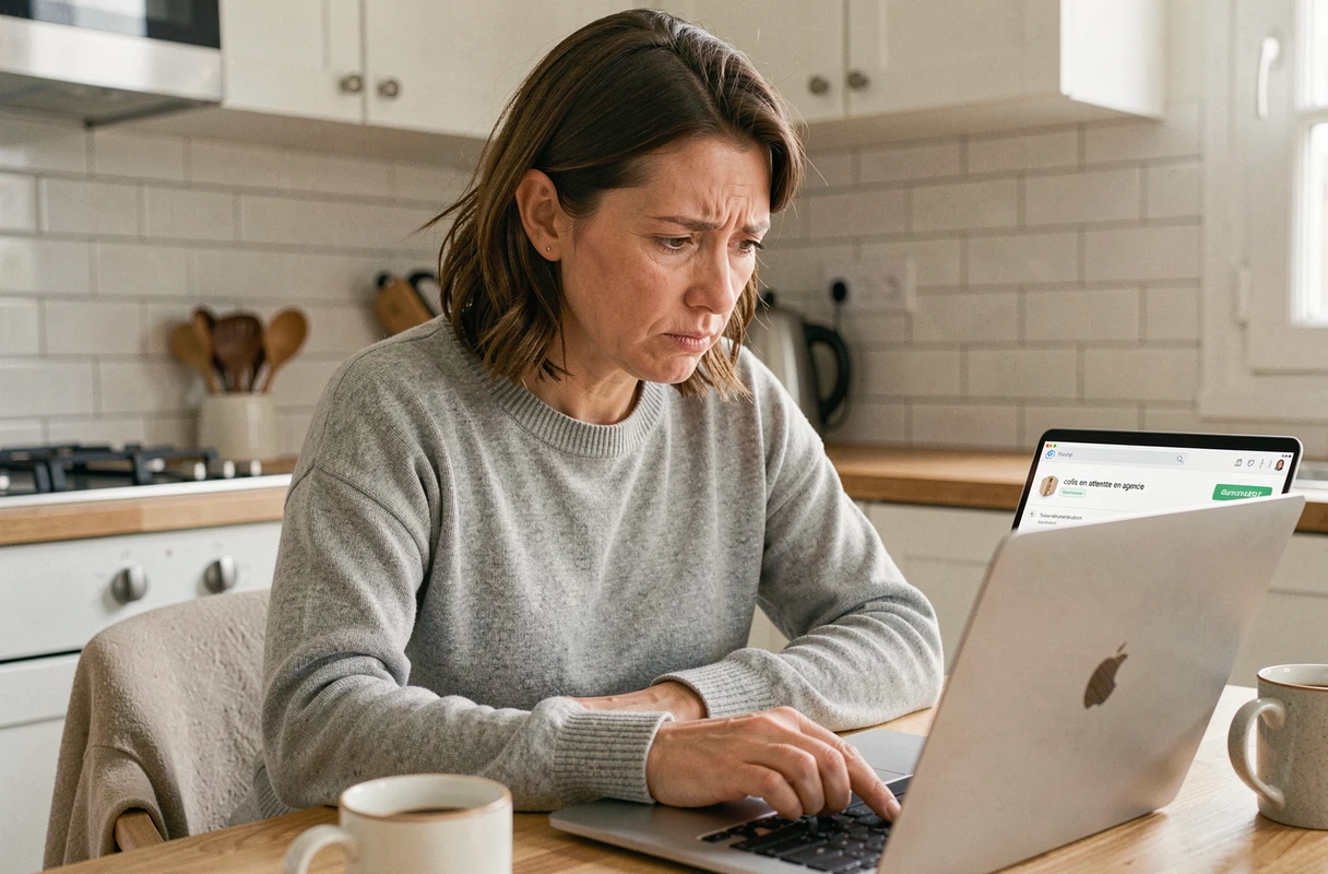 Femme consultant le suivi de colis GLS bloqué en agence sur son ordinateur portable