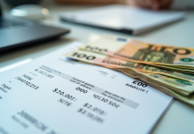 Pile de billets euros et fiche de paie sur bureau lumineux
