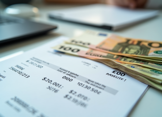 Pile de billets euros et fiche de paie sur bureau lumineux