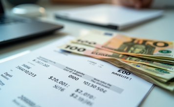 Pile de billets euros et fiche de paie sur bureau lumineux