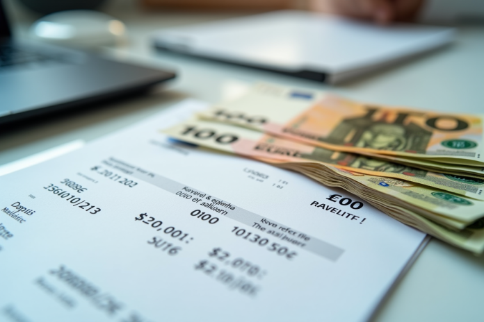 Pile de billets euros et fiche de paie sur bureau lumineux