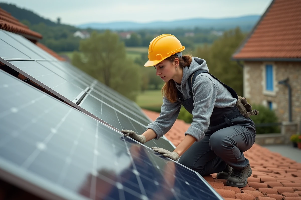 Jeune technicienne vérifiant des panneaux solaires sur un toit rural