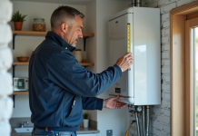 Technicien mesurant un boiler hydrogene dans une maison moderne