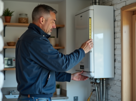 Technicien mesurant un boiler hydrogene dans une maison moderne