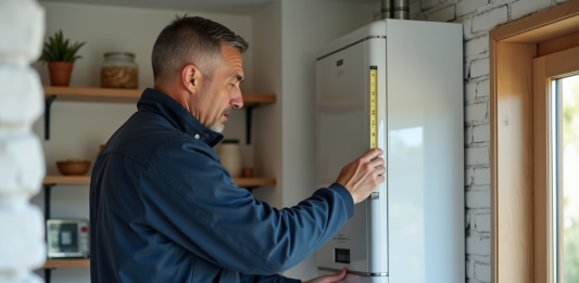 Technicien mesurant un boiler hydrogene dans une maison moderne