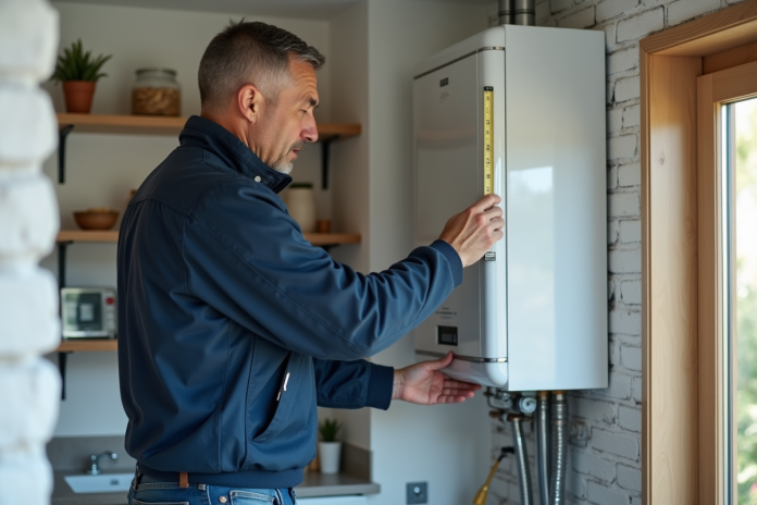 Technicien mesurant un boiler hydrogene dans une maison moderne
