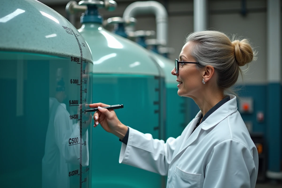 Technicienne pointant les graduations de conversion litres et mètres cubes sur un réservoir industriel