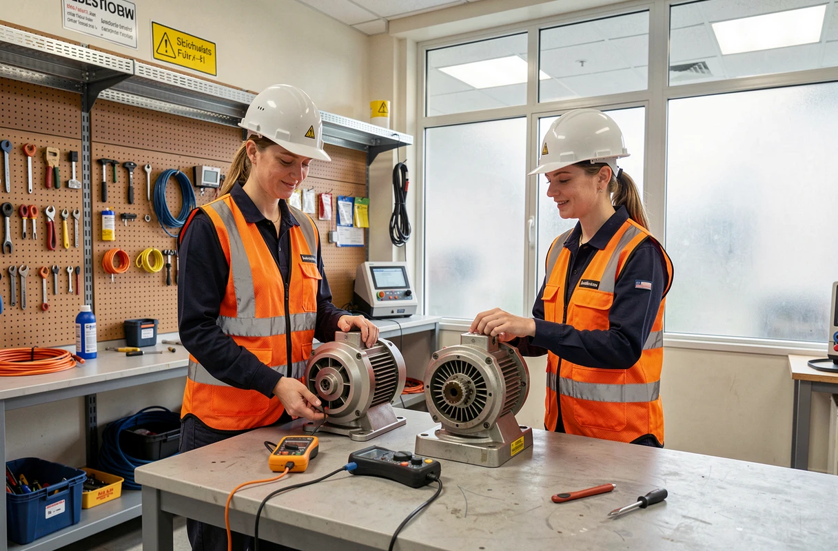 Deux techniciennes comparant un moteur synchrone et un moteur asynchrone sur un établi de formation technique industrielle