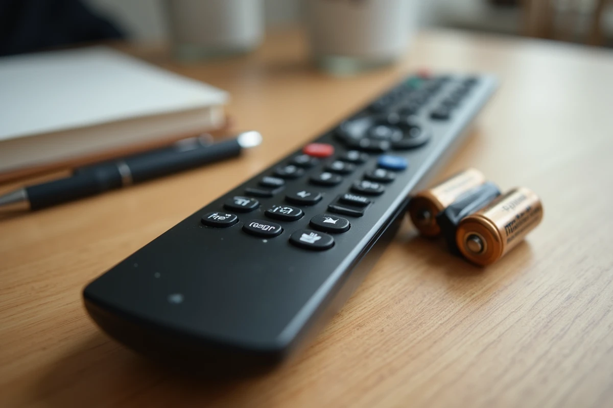 Télécommande Freebox posée sur une table avec des piles à côté, touches usées visibles en gros plan