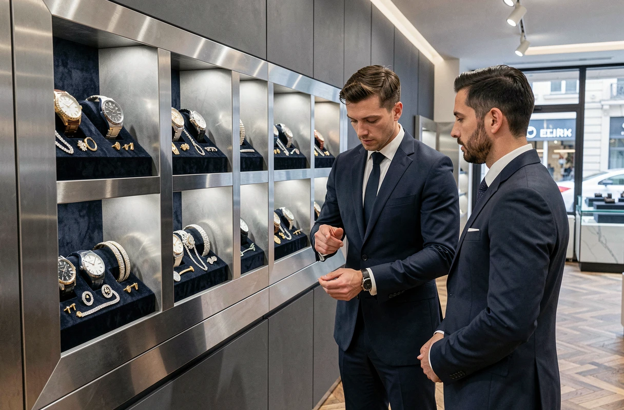 Boutique Temps et Or avec montres de luxe et bijoux en vitrine, conseiller présentant une montre mécanique