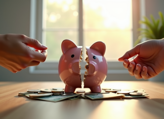 Le prix d’un divorce : des chiffres plus conséquents qu’on ne le pense Tirelire fendue avec argent entre deux mains