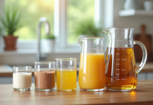 Verres doseurs et tasses de cuisine avec liquides et poudres