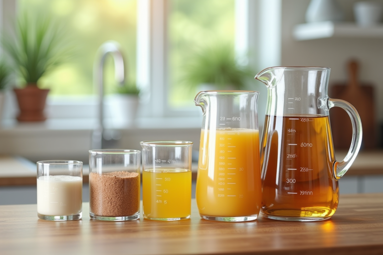 Verres doseurs et tasses de cuisine avec liquides et poudres