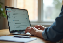 Personne utilisant un ordinateur portable dans un bureau lumineux
