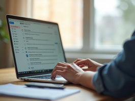 Personne utilisant un ordinateur portable dans un bureau lumineux