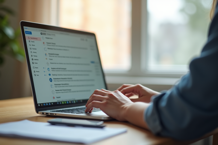 Personne utilisant un ordinateur portable dans un bureau lumineux