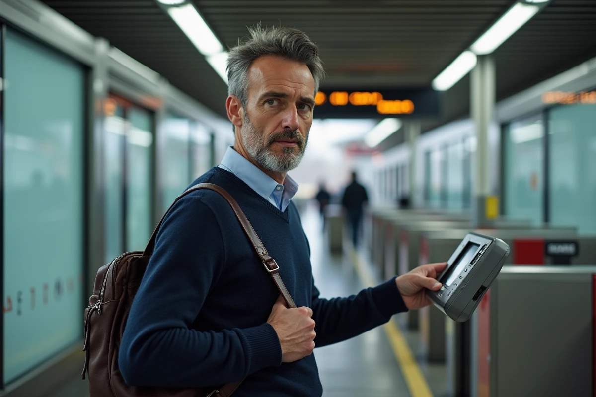 Homme validant son pass Navigo à un portillon de gare RER parisienne, représentant l'utilisation pratique des forfaits zones 1 à 3 en Île-de-France