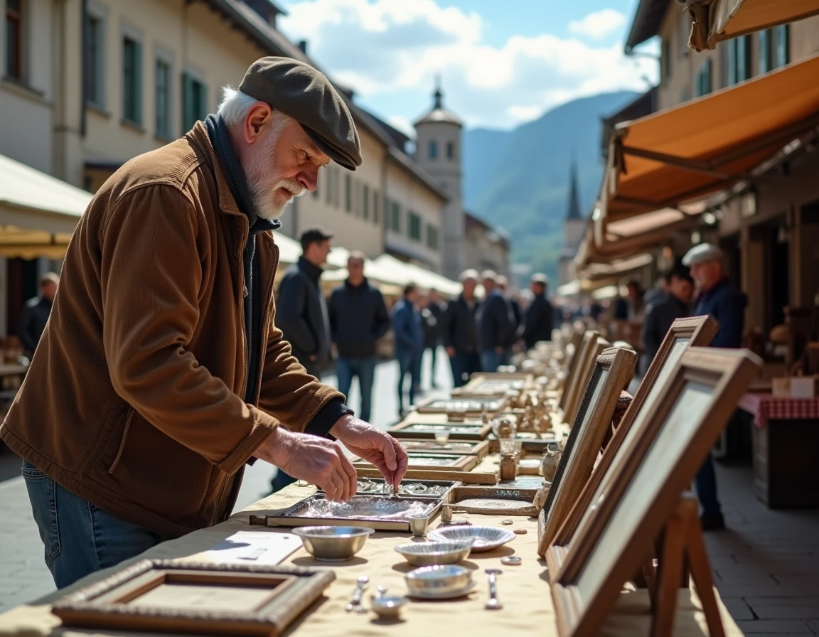 Vendeur de brocante disposant des objets anciens sur son stand lors d'une braderie en Savoie