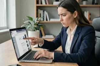 Femme vérifiant l'adresse URL officielle d'un site web sur son ordinateur portable pour éviter les faux sites