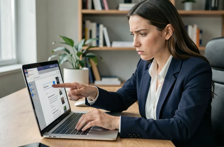 Femme vérifiant l'adresse URL officielle d'un site web sur son ordinateur portable pour éviter les faux sites