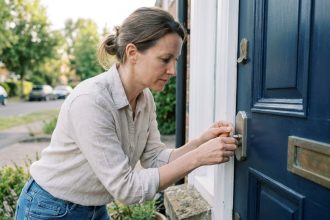 Femme vérifiant la serrure de sa porte d'entrée avant de partir en vacances