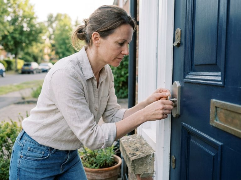 Femme vérifiant la serrure de sa porte d'entrée avant de partir en vacances