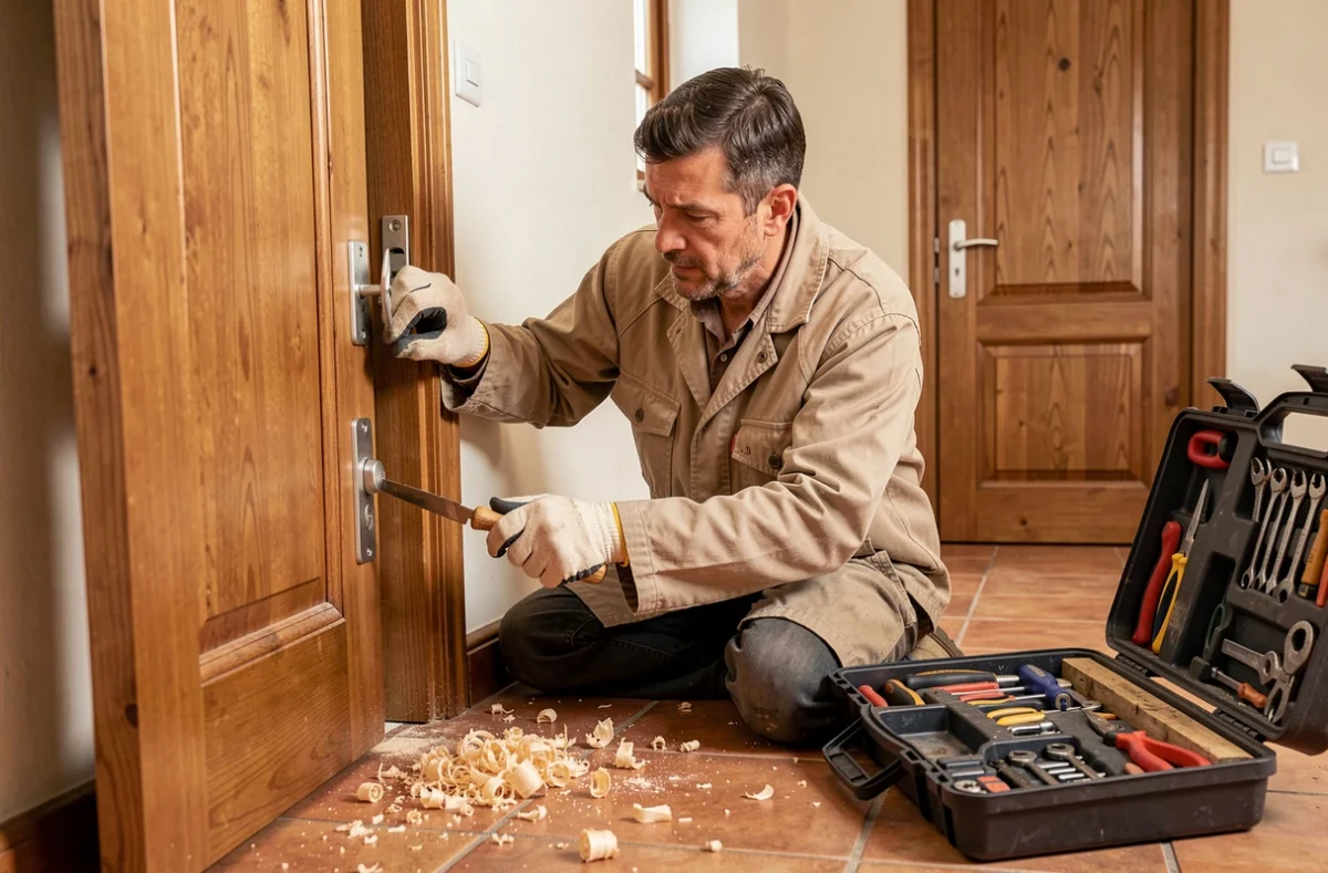 Artisan combinant travaux de serrurerie et menuiserie sur une porte en bois dans une maison française, représentant l'entreprise Vilet à Calais