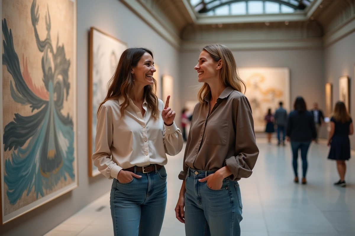 Deux femmes discutant devant une œuvre d'art abstrait dans un musée d'art moderne