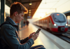 Jeune voyageur avec smartphone et train en arrière-plan