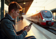 Jeune voyageur avec smartphone et train en arrière-plan