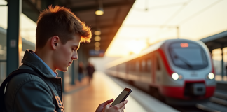 Jeune voyageur avec smartphone et train en arrière-plan