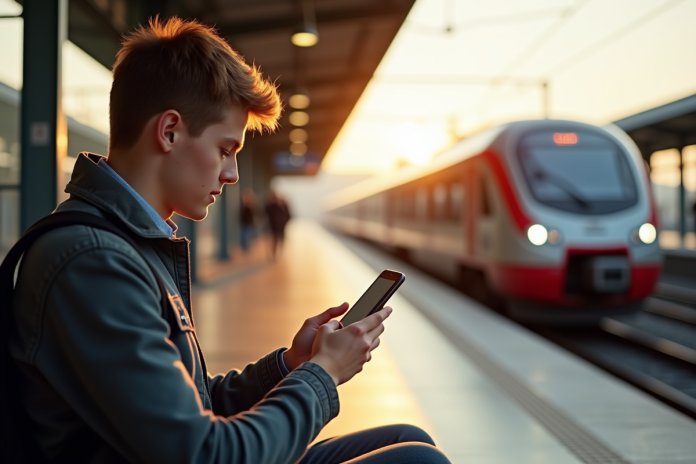 Jeune voyageur avec smartphone et train en arrière-plan