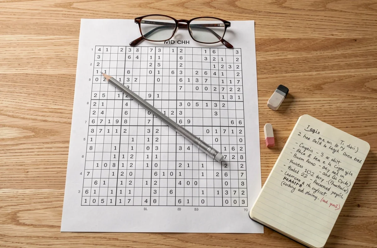 Vue aérienne d'une grille de sudoku imprimée avec crayon, notes et lunettes sur un bureau en bois