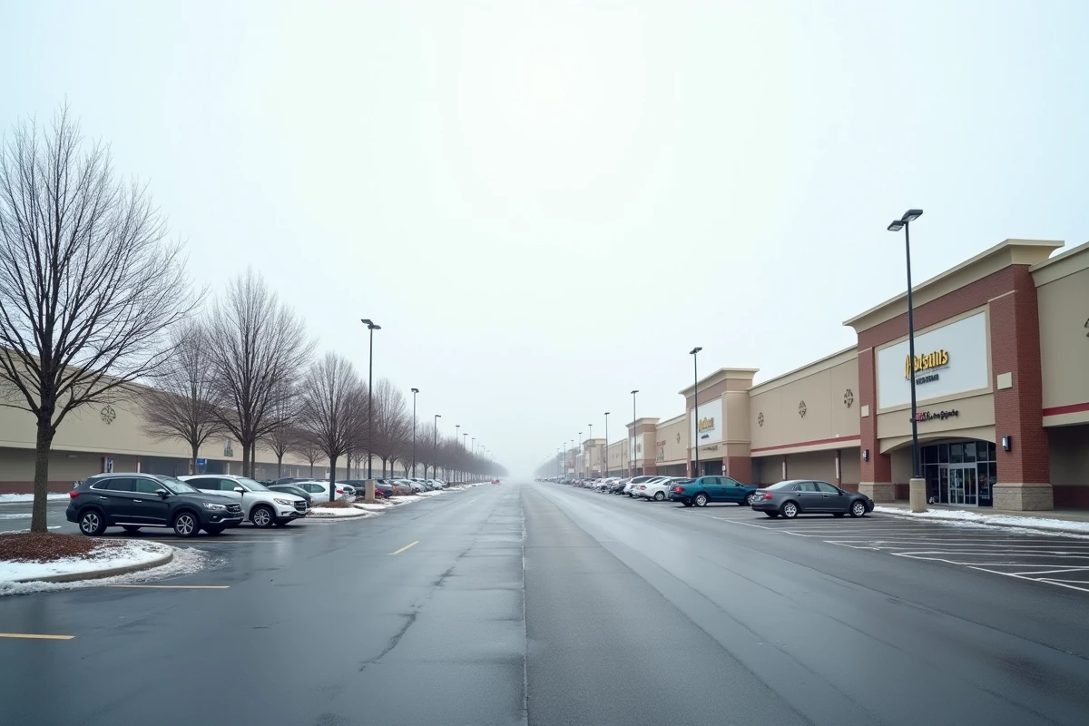 Zone commerciale en périphérie ouverte le jour de l'An avec grand parking presque vide et enseignes de grandes surfaces